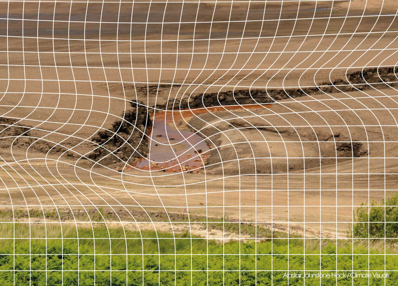 Aerial landscape with a distorted grid overlay, illustrating climate instability.